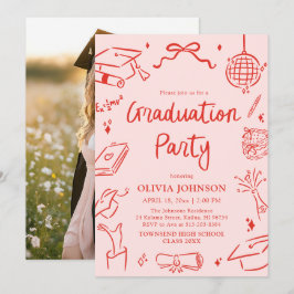 Modern Whimsical Hand Drawn Bow Graduation Party Inbjudningar