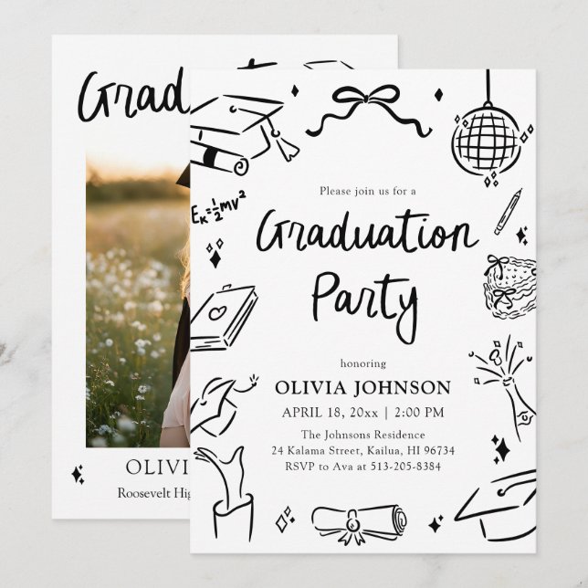 Modern Whimsical Hand Drawn Bow Graduation Party Inbjudningar (Fram/baksida)