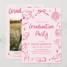 Modern Whimsical Hand Drawn Pink Graduation Party Inbjudningar