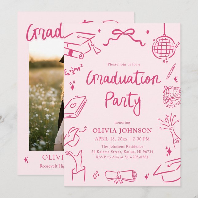 Modern Whimsical Hand Drawn Pink Graduation Party Inbjudningar (Fram/baksida)