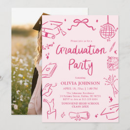 Modern Whimsical Hand Drawn Pink Graduation Party Inbjudningar
