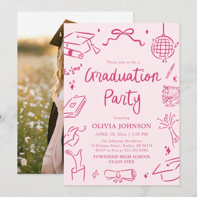 Modern Whimsical Hand Drawn Pink Graduation Party Inbjudningar (Fram/baksida)