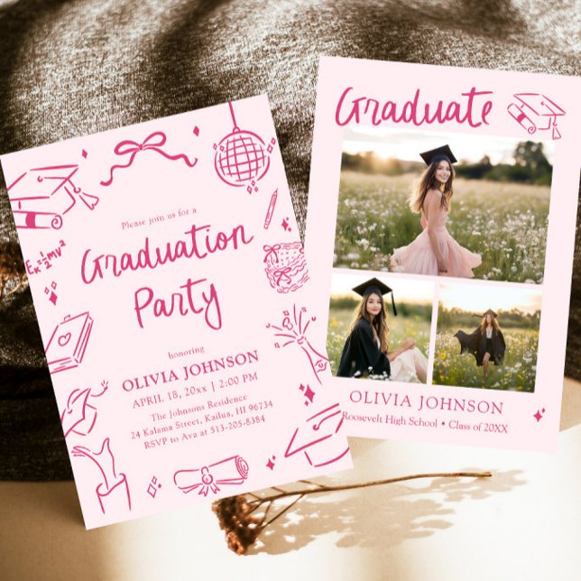 Modern Whimsical Hand Drawn Pink Graduation Party Inbjudningar (Modern Whimsical Hand Drawn Pink Graduation Party Invitation)
