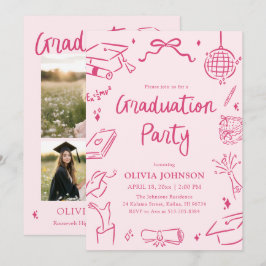 Modern Whimsical Hand Drawn Pink Graduation Party Inbjudningar