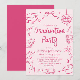 Modern Whimsical Hand Drawn Pink Graduation Party Inbjudningar