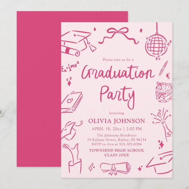 Modern Whimsical Hand Drawn Pink Graduation Party Inbjudningar (Fram/baksida)