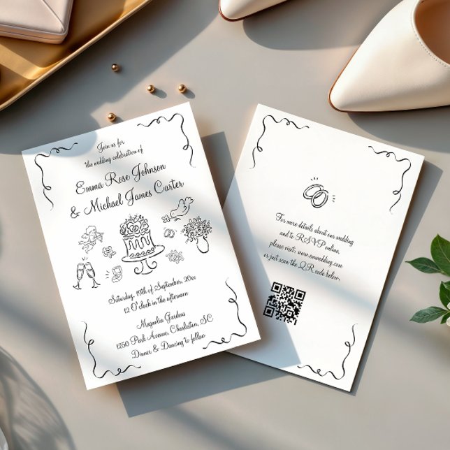 Modern Whimsical Hand plockade QR-kod Bröllop Inbjudningar (Skapare uppladdad)
