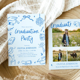 Modern Whimsical Handritad Blå Examenfest Inbjudningar