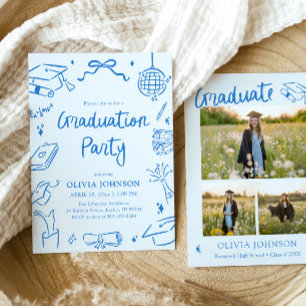 Modern Whimsical Handritad Blå Examenfest Inbjudningar