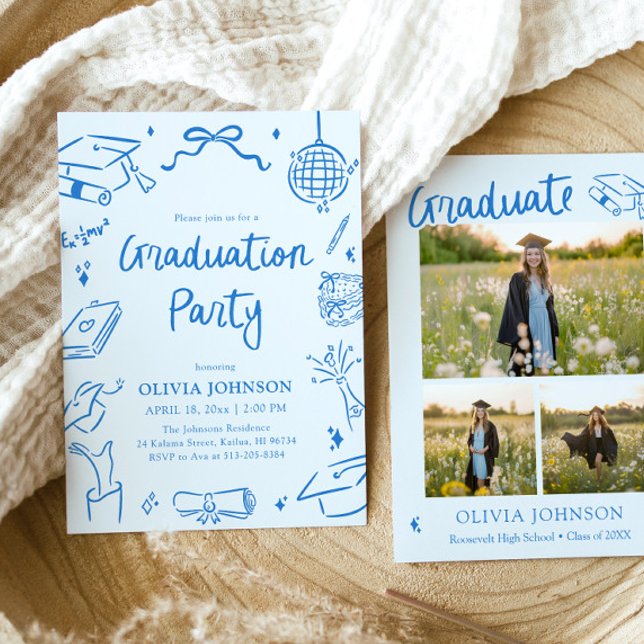 Modern Whimsical Handritad Blå Examenfest Inbjudningar (Modern Whimsical Hand Drawn Blue Graduation Party Invitation)