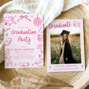 Modern Whimsical Handritad Rosa Examenfest Inbjudningar