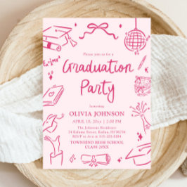 Modern Whimsical Handritad Rosa Examenfest Inbjudningar