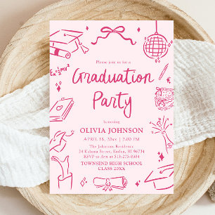 Modern Whimsical Handritad Rosa Examenfest Inbjudningar