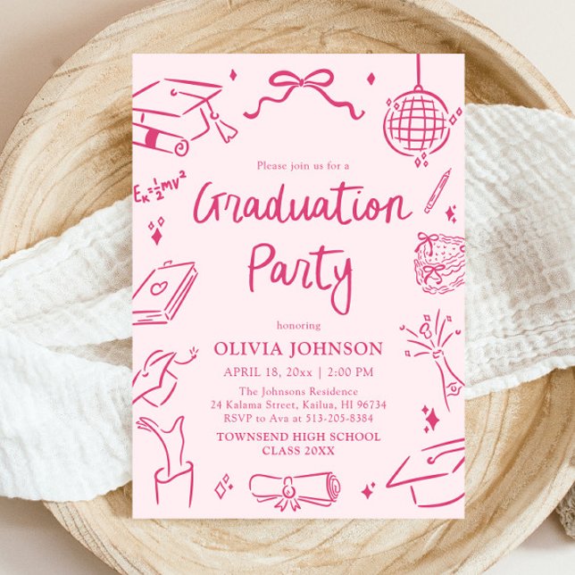 Modern Whimsical Handritad Rosa Examenfest Inbjudningar (Modern Whimsical Hand Drawn Pink Graduation Party Invitation)