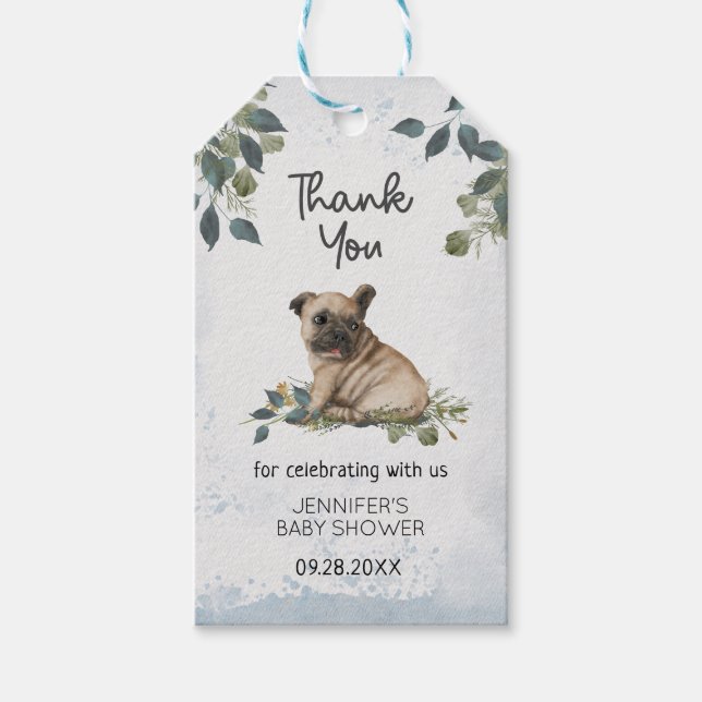 Modern Whimsical Mops Puppy Baby Shower Presentetikett (Framsidan)