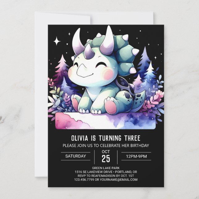 Modern Whimsical Triceratops Birthday Inbjudningar (Framsida)