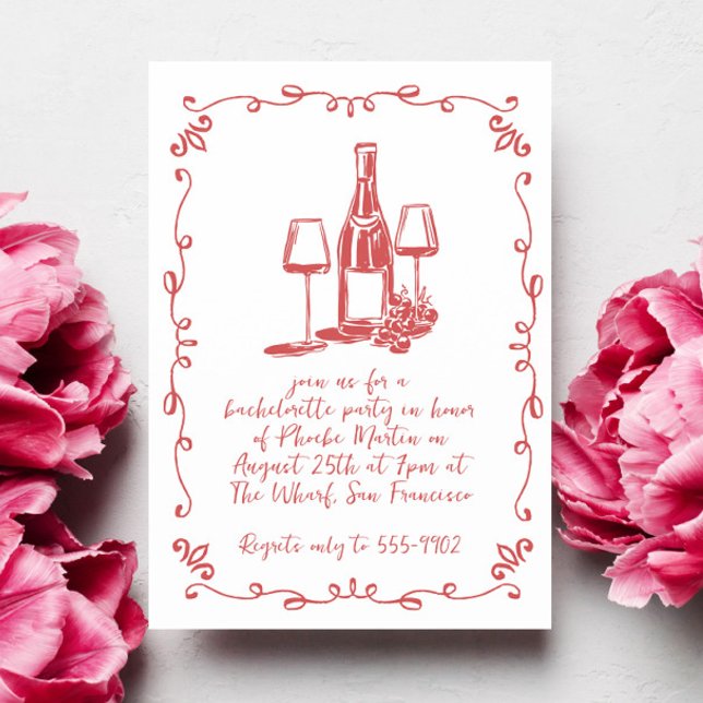 Modern Whimsical Vin Doodle Bachelorette Party Inbjudningar (Skapare uppladdad)