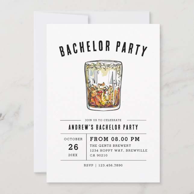 Modern Whiskey Glass Typography Bachelor Party in Inbjudningar (Framsida)