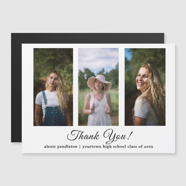 Modern White 3 Photo Studenten Tack Magnetisk Inbjudningskort (Fram/baksida)