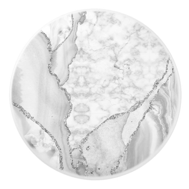 Modern White Agate Silver Abstrakt Marble Knopp (Framsidan)