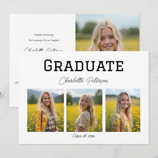 Modern White and Black Photo Grad Announcement Inbjudningar (Fram/baksida)