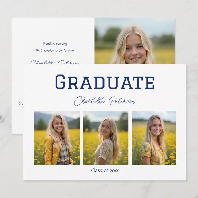 Modern White and Blue Photo Grad Announcement Inbjudningar (Fram/baksida)