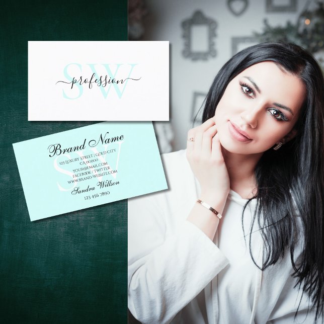 Modern White and Light Pastel Teal med Initialer Visitkort (Skapare uppladdad)