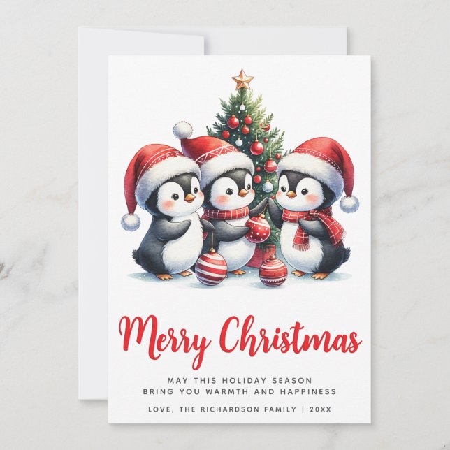 Modern White and Red Cute Penguins God jul Julkort (Framsida)