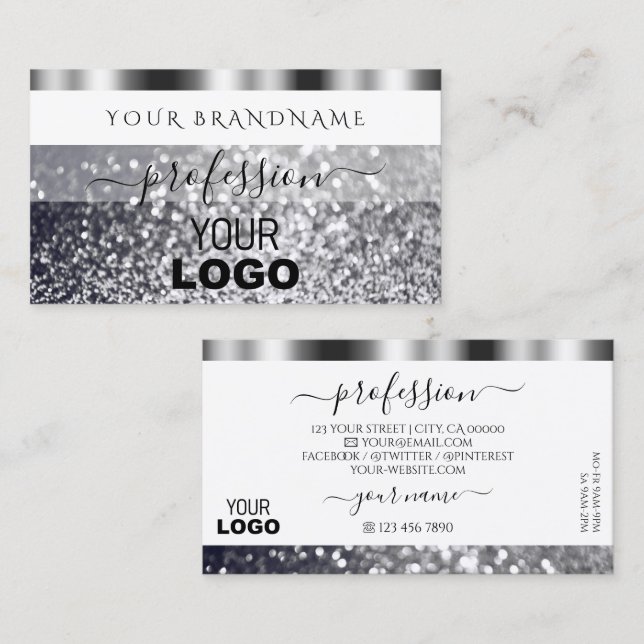 Modern White and Silver Sparkling Glitter Add Logo Visitkort (Fram/baksida)