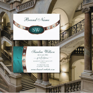 Modern White and Teal Ro Guld Färg Monogram Visitkort