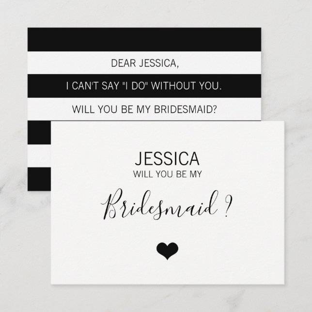 Modern White Black blir du min BRIDESMAID? Inbjudningar (Fram/baksida)
