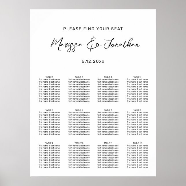 Modern White Black Hand Lettered Bröllop Seating Poster (Framsidan)