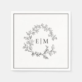 Modern White Black Leafy Vapensköld Monogram Bröll Pappersservett