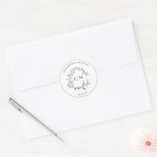 Modern White Black Leafy Vapensköld Monogram Bröll Runt Klistermärke