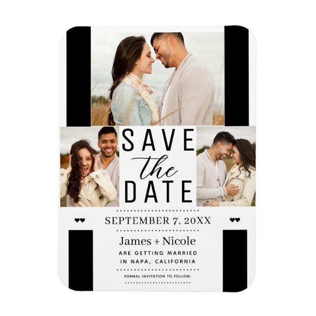 Modern White Black Save Date 3 Photo Bröllop Magnet (Vertikal)