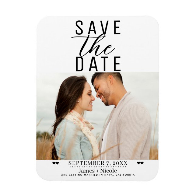 Modern White Black Save Date Bröllop Photo Magnet (Vertikal)