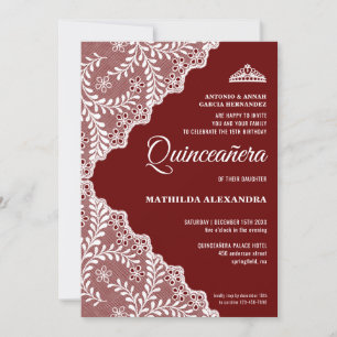 Modern White Blommigt Snöre Burgundy Quinceanera Inbjudningar