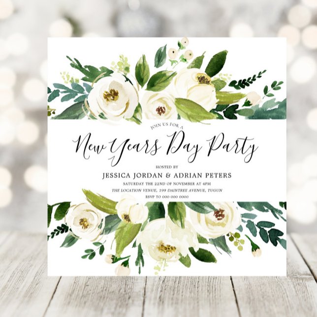 Modern White Blommigts Grönt Nyårsdagen Party Inbjudningar (Skapare uppladdad)