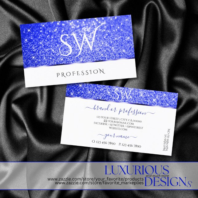 Modern White Blue Glitter Sparkling Stars Monogram Visitkort (Skapare uppladdad)