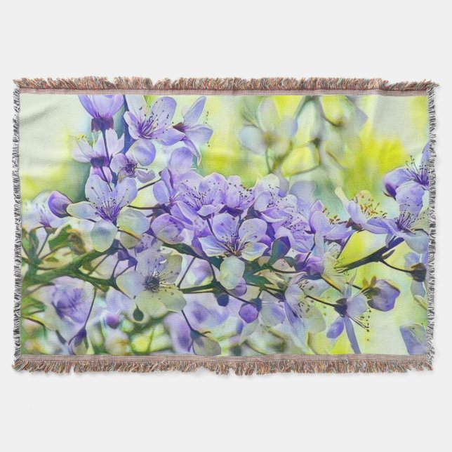 Modern White Blue Grönt Cherry Blommar Watercolor Filt (Framsidan)