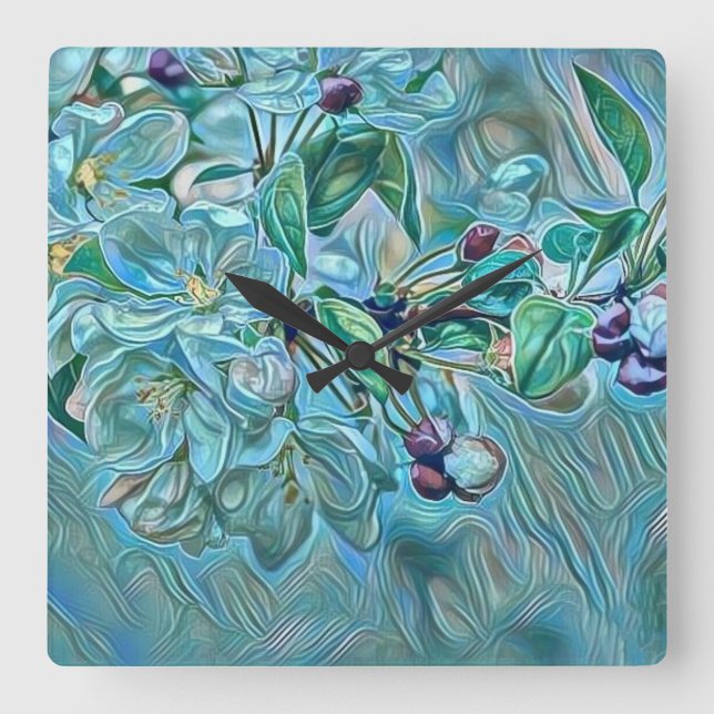 Modern White Blue Grönt Cherry Blommar Watercolor Fyrkantig Klocka (Framsida)