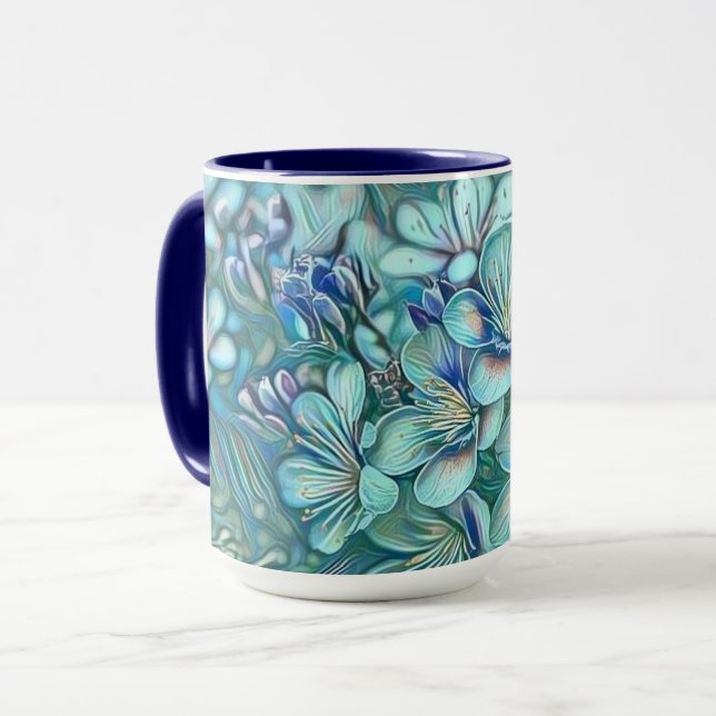 Modern White Blue Grönt Cherry Blommar Watercolor Mugg (Framsida vänster)