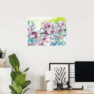 Modern White Blue Rosa Cherry Blommar Watercolor Poster
