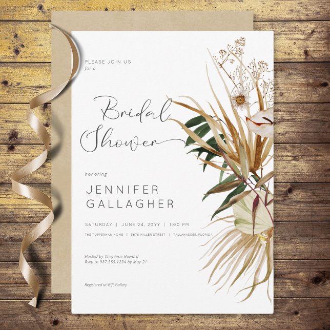 Modern White Boho Dried Blommigt Möhippa Inbjudningar (Modern White Boho Dried Floral Bridal Shower Invitation)
