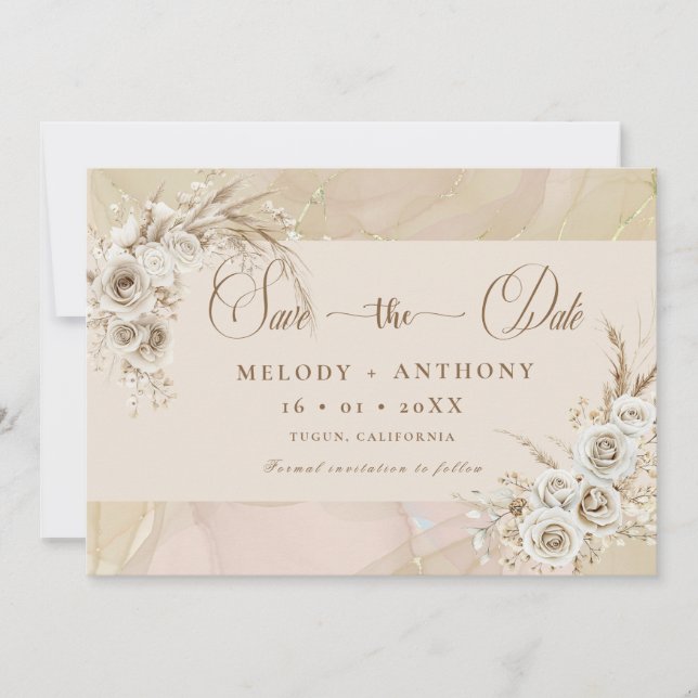 Modern White Boho Floral Wedding Save The Date Car Spara Datumet (Framsida)