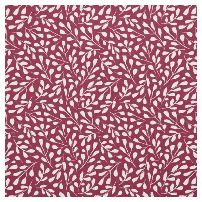 Modern White Botanical Löv Mönster Burgundy Red Tyg (Provkarta)