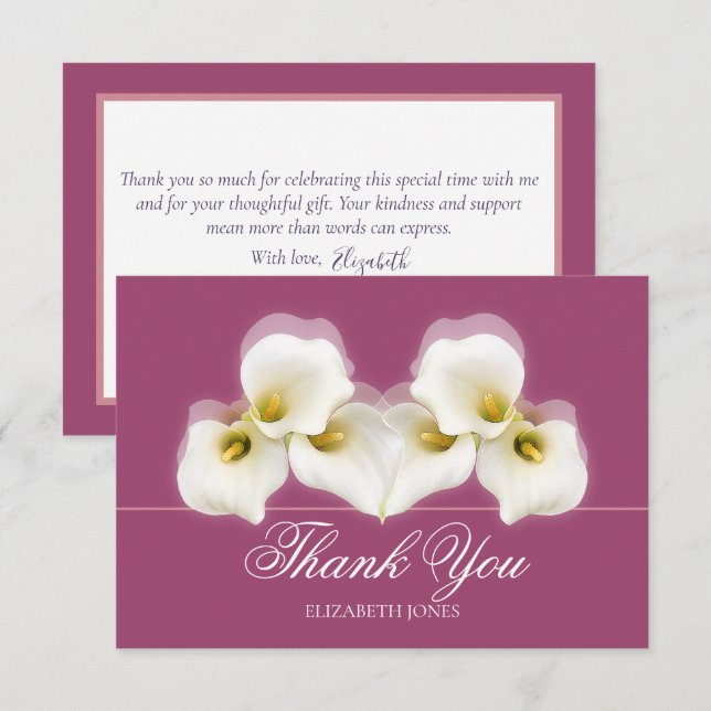 Modern White Calla Lilies Bridal Shower Thank You Tack Kort (Fram/baksida)
