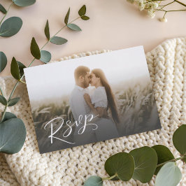 Modern White Calligraphy & Photo RSVP OSA Kort