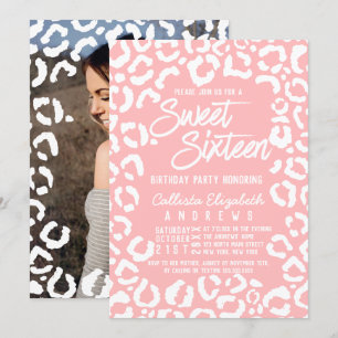 Modern White Coral Cheetah Leopard Sweet 16 Photo Inbjudningar