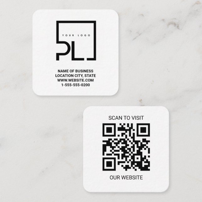 Modern White Custom Logo and QR Code Square Busine Fyrkantigt Visitkort (Fram/baksida)